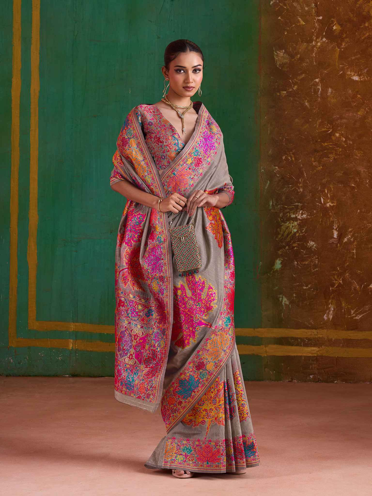 Beige Pure Kashmiri Modal Cotton Pashmina Weaving Saree Kashmiri Pashmina Saree Anant Tex Exports Pvt.Ltd..