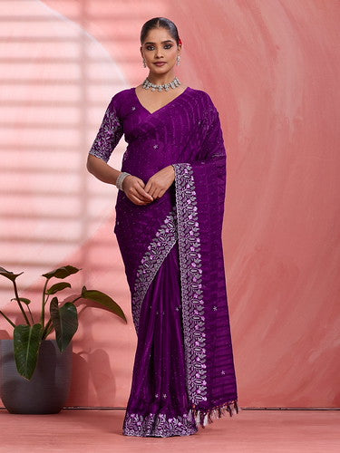 Purple Chiffon Embroidered Tikki Work Thread Saree