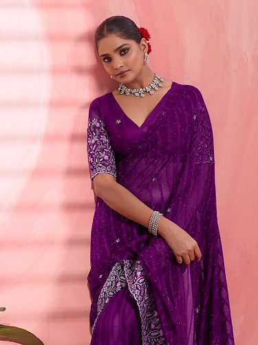 Purple Chiffon Embroidered Tikki Work Thread Saree