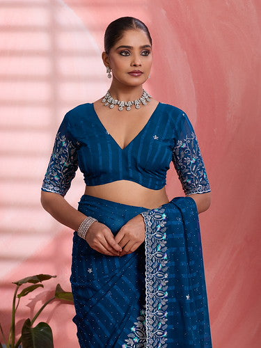 Blue Chiffon Embroidered Tikki Work Thread Saree 
