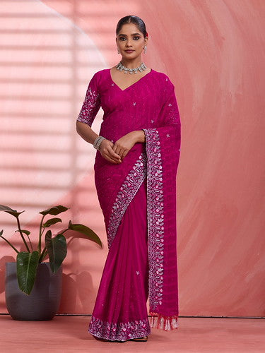 Pink Chiffon Embroidered Tikki Work Thread Saree ##color## Chiffon Sarees with premium fabric and embroidery