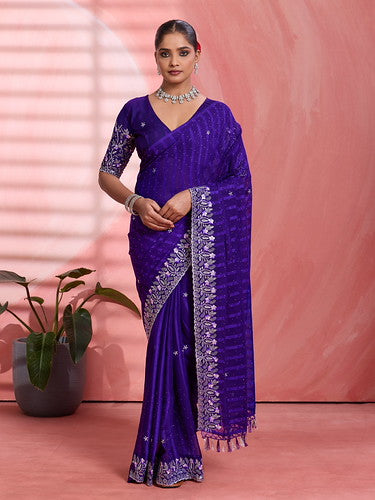 Violet Chiffon Embroidered Tikki Work Thread Saree ##color## Chiffon Sarees with premium fabric and embroidery