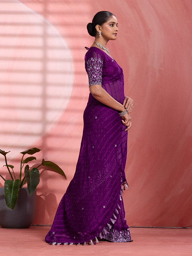 Purple Chiffon Embroidered Tikki Work Thread Saree