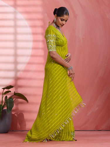 Lemon Yellow Chiffon Embroidered Tikki Work Thread Saree 