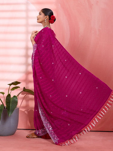 Pink Chiffon Embroidered Tikki Work Thread Saree 