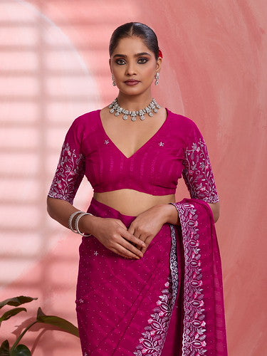 Pink Chiffon Embroidered Tikki Work Thread Saree ##color## Chiffon Sarees with premium fabric and embroidery