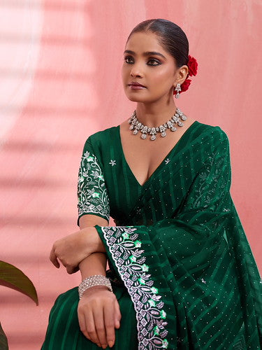 Green Chiffon Embroidered Tikki Work Thread Saree 