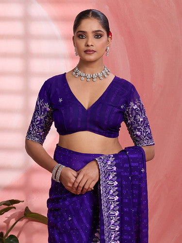 Violet Chiffon Embroidered Tikki Work Thread Saree 