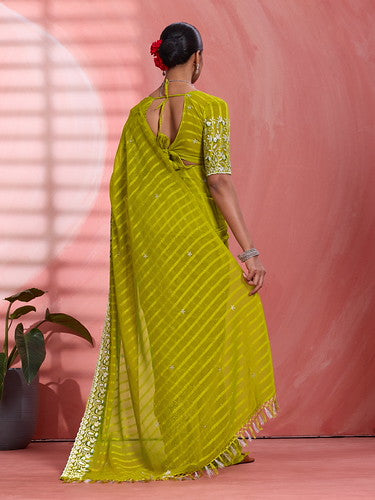 Lemon Yellow Chiffon Embroidered Tikki Work Thread Saree 