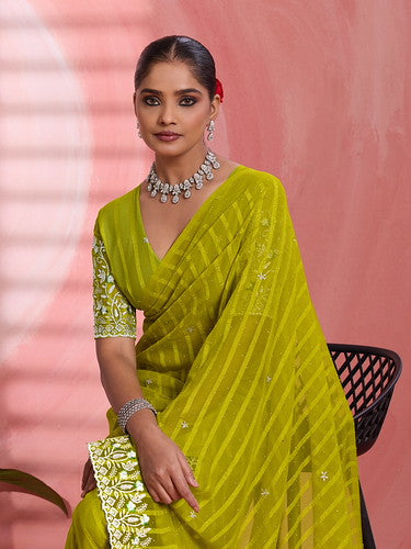 Lemon Yellow Chiffon Embroidered Tikki Work Thread Saree 