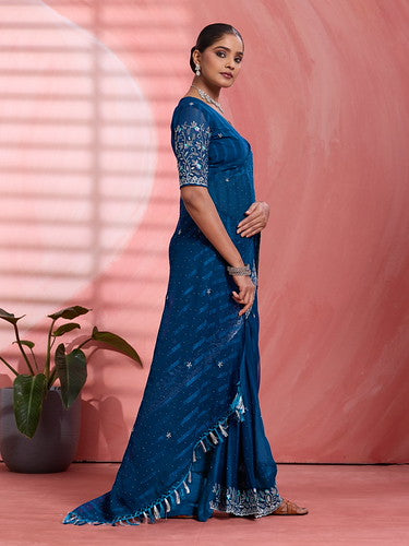 Blue Chiffon Embroidered Tikki Work Thread Saree 