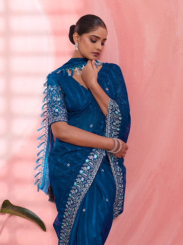 Blue Chiffon Embroidered Tikki Work Thread Saree 