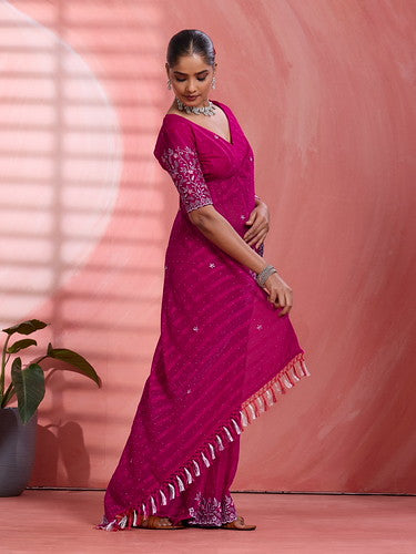 Pink Chiffon Embroidered Tikki Work Thread Saree 