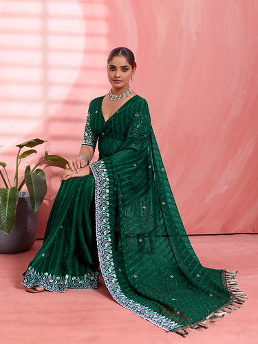 Green Chiffon Embroidered Tikki Work Thread Saree ##color## Chiffon Sarees with premium fabric and embroidery