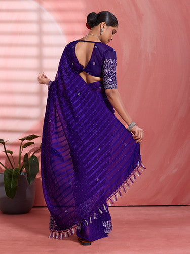 Violet Chiffon Embroidered Tikki Work Thread Saree ##color## Chiffon Sarees with premium fabric and embroidery