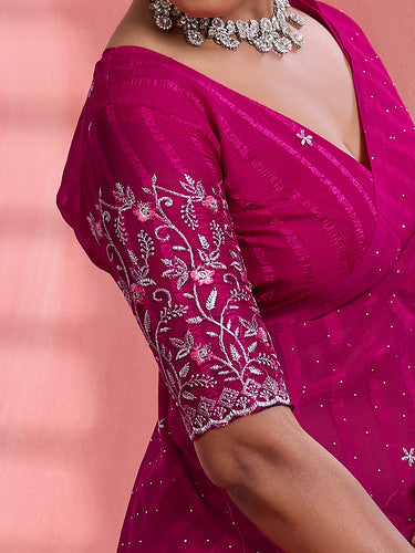 Pink Chiffon Embroidered Tikki Work Thread Saree 