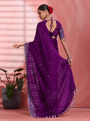 Purple Chiffon Embroidered Tikki Work Thread Saree