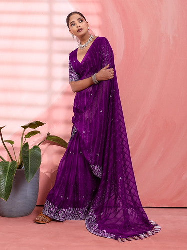 Purple Chiffon Embroidered Tikki Work Thread Saree