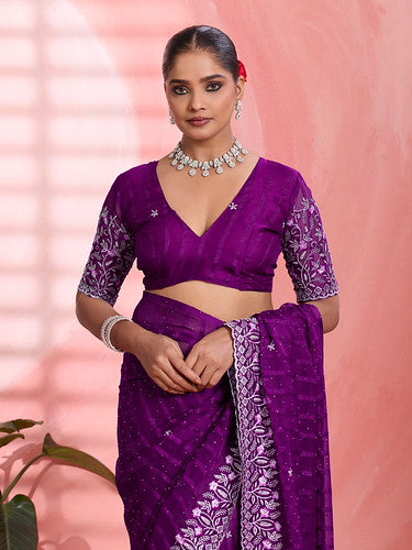 Purple Chiffon Embroidered Tikki Work Thread Saree