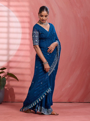 Blue Chiffon Embroidered Tikki Work Thread Saree 