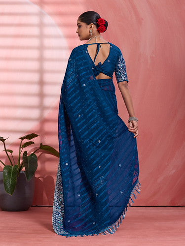 Blue Chiffon Embroidered Tikki Work Thread Saree 