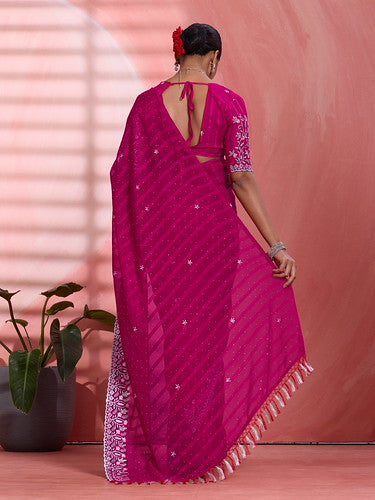 Pink Chiffon Embroidered Tikki Work Thread Saree 