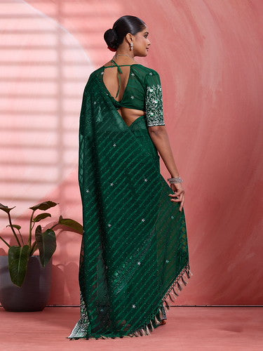 Green Chiffon Embroidered Tikki Work Thread Saree 