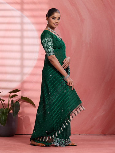 Green Chiffon Embroidered Tikki Work Thread Saree 