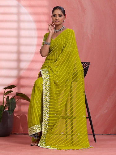 Lemon Yellow Chiffon Embroidered Tikki Work Thread Saree 