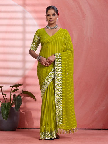 Lemon Yellow Chiffon Embroidered Tikki Work Thread Saree 