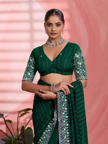 Green Chiffon Embroidered Tikki Work Thread Saree 