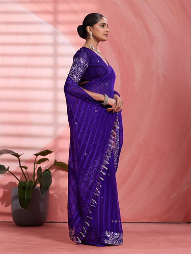 Violet Chiffon Embroidered Tikki Work Thread Saree 