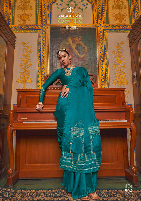 Rama Pure Soft Crape Multi thread Embroidery Work Satin Saree
