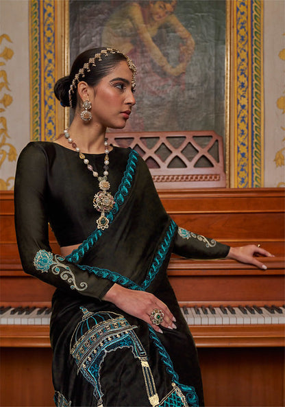 Black Pure Soft Crape Multi thread Embroidery Work Satin Saree