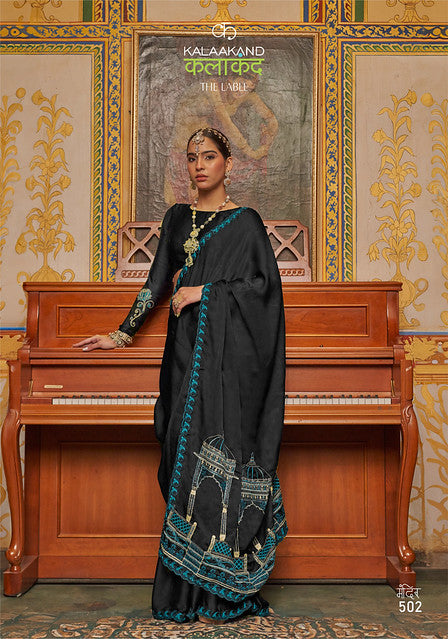 Black Pure Soft Crape Multi thread Embroidery Work Satin Saree