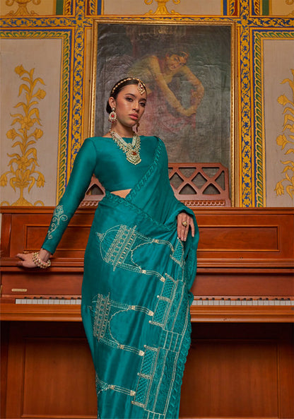 Rama Pure Soft Crape Multi thread Embroidery Work Satin Saree