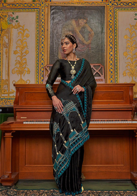 Black Pure Soft Crape Multi thread Embroidery Work Satin Saree