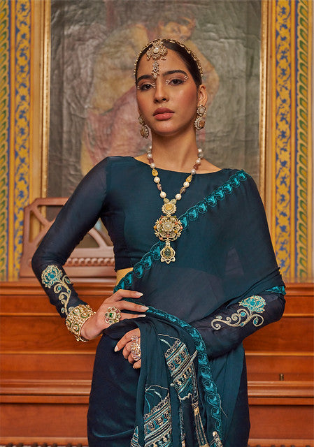 Black Pure Soft Crape Multi thread Embroidery Work Satin Saree