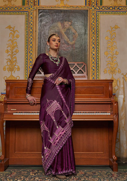 Wine Pure Soft Crape Multi thread Embroidery Work Satin Saree