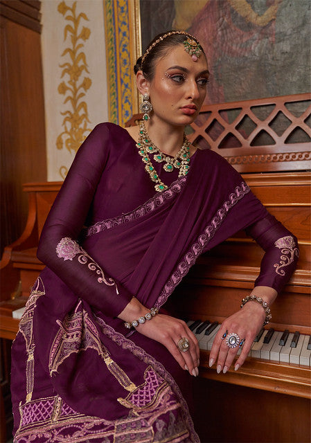 Wine Pure Soft Crape Multi thread Embroidery Work Satin Saree