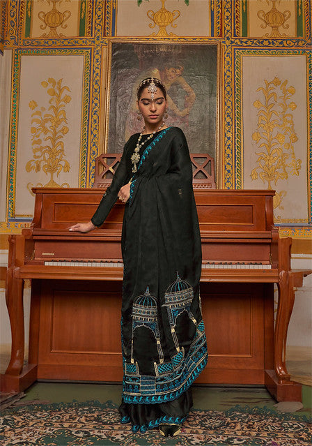 Black Pure Soft Crape Multi thread Embroidery Work Satin Saree
