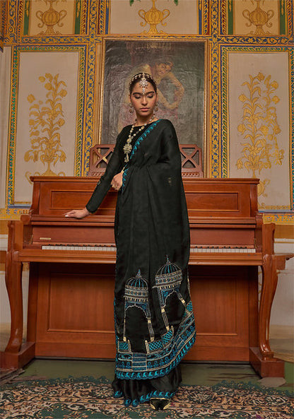 Black Pure Soft Crape Multi thread Embroidery Work Satin Saree