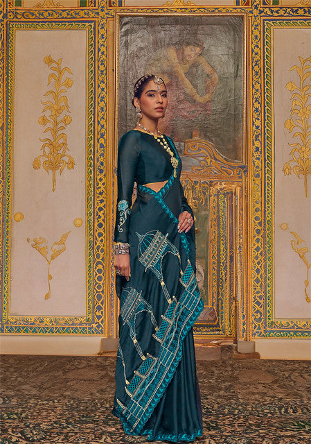 Black Pure Soft Crape Multi thread Embroidery Work Satin Saree