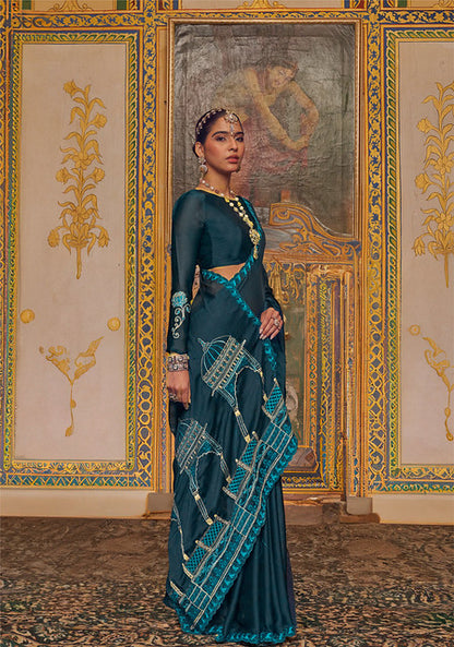 Black Pure Soft Crape Multi thread Embroidery Work Satin Saree