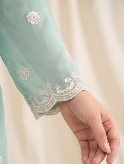 Aqua Blue Embroidered Georgette Sharara Suit with Lace Dupatta