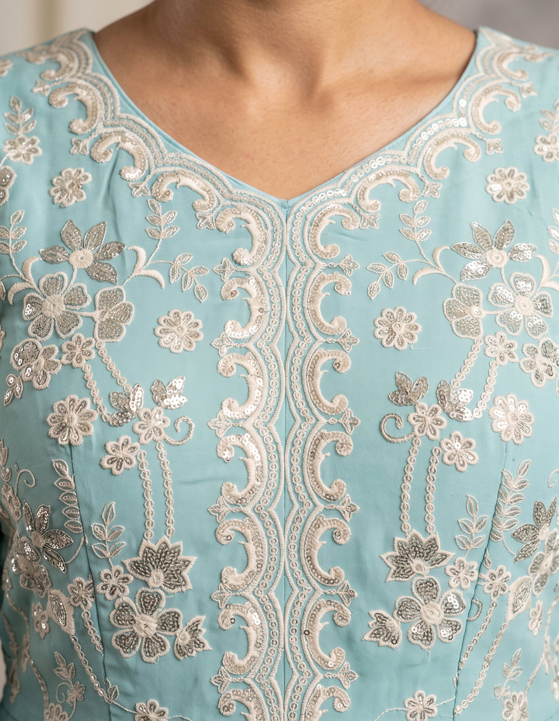 Aqua Blue Embroidered Georgette Sharara Suit with Lace Dupatta