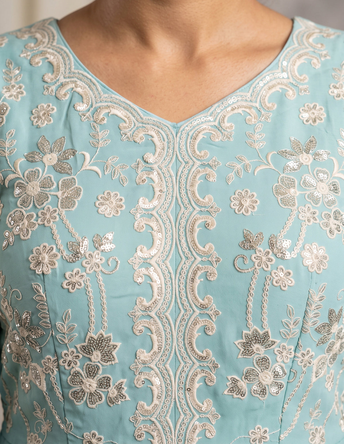 Aqua Blue Embroidered Georgette Sharara Suit with Lace Dupatta