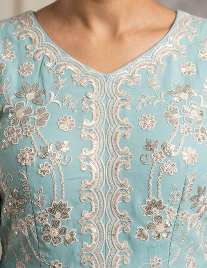 Aqua Blue Embroidered Georgette Sharara Suit with Lace Dupatta