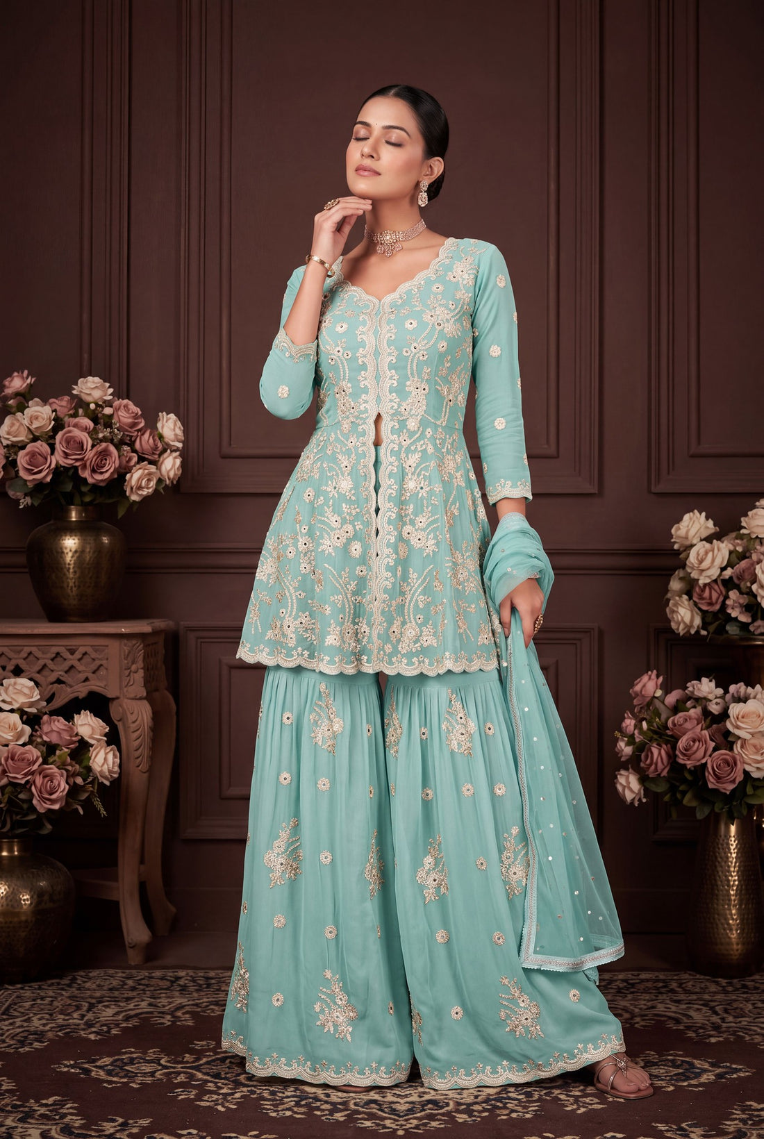Aqua Blue Embroidered Georgette Sharara Suit with Lace Dupatta