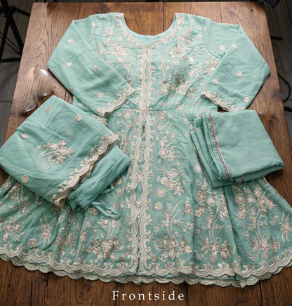 Aqua Blue Embroidered Georgette Sharara Suit with Lace Dupatta